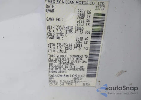 2018 Nissan Murano Sl z USA, uszkodzony, nr VIN 5N1AZ2MH8JN109442